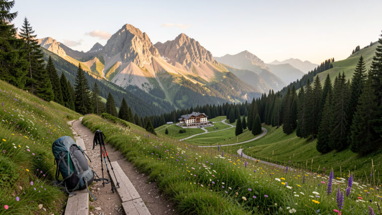 Paysage du massif du Sancy avec un sentier de randonnée traversant des prairies alpines, des forêts et des sommets volcaniques, près d’un hôtel de montagne.