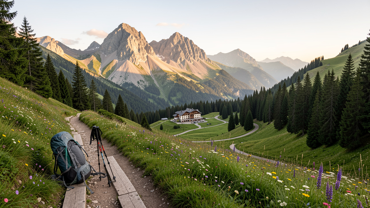 Paysage du massif du Sancy avec un sentier de randonnée traversant des prairies alpines, des forêts et des sommets volcaniques, près d’un hôtel de montagne.