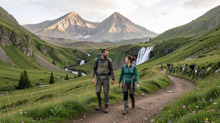 Un homme et une femme en randonnée découvrent un sentier entouré de prairies alpines, de sommets volcaniques et d’une cascade près du Mont-Dore.
