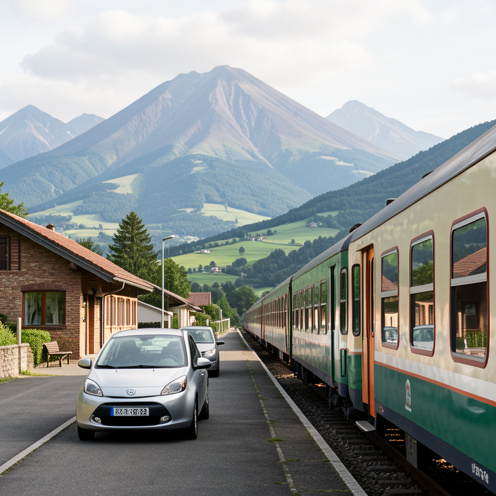 Paysage du Mont-Dore avec une voiture et un train régional près d'une gare de montagne, entourés de reliefs volcaniques verdoyants.