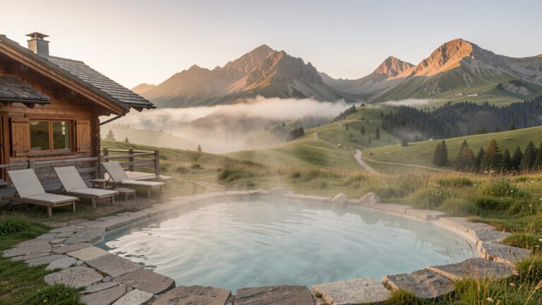 Un espace de bien-être extérieur avec bassin d’eau chaude fumant près d’un chalet, entouré de prairies alpines et des sommets du Sancy dans la brume matinale.