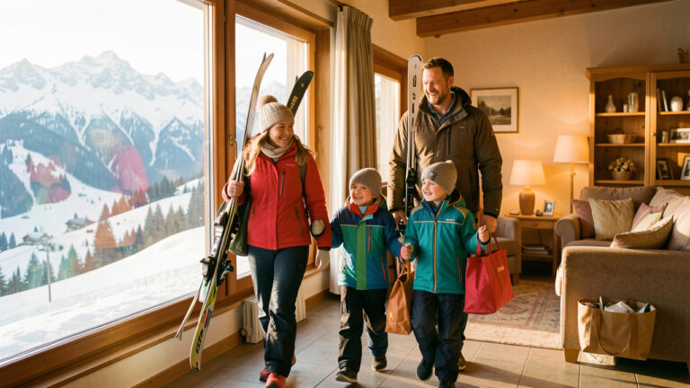 Une famille en vêtements d’hiver arrive dans un appart’hôtel chaleureux près du Mont-Dore, avec ses skis et une vue sur les montagnes enneigées du Sancy.