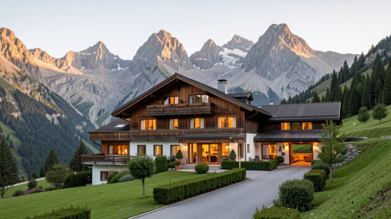 Hôtel alpin chaleureux installé dans la vallée du Mont-Dore, avec les sommets du massif du Sancy en arrière-plan.