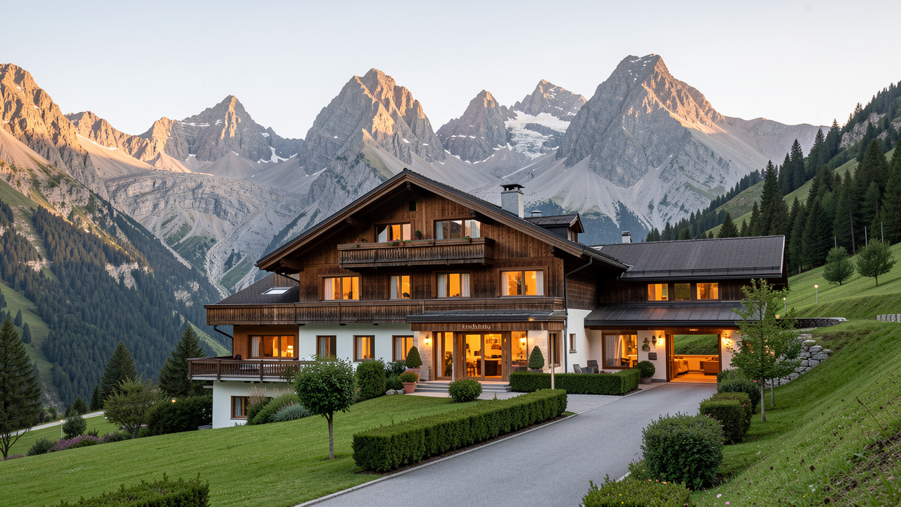 Hôtel alpin chaleureux installé dans la vallée du Mont-Dore, avec les sommets du massif du Sancy en arrière-plan.