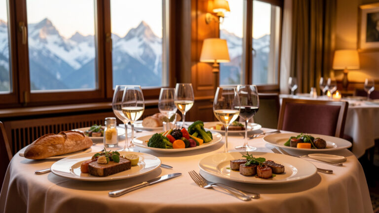 Table élégante dressée dans un restaurant d’hôtel quatre étoiles au Mont-Dore, avec des plats régionaux raffinés et les montagnes visibles par la fenêtre.