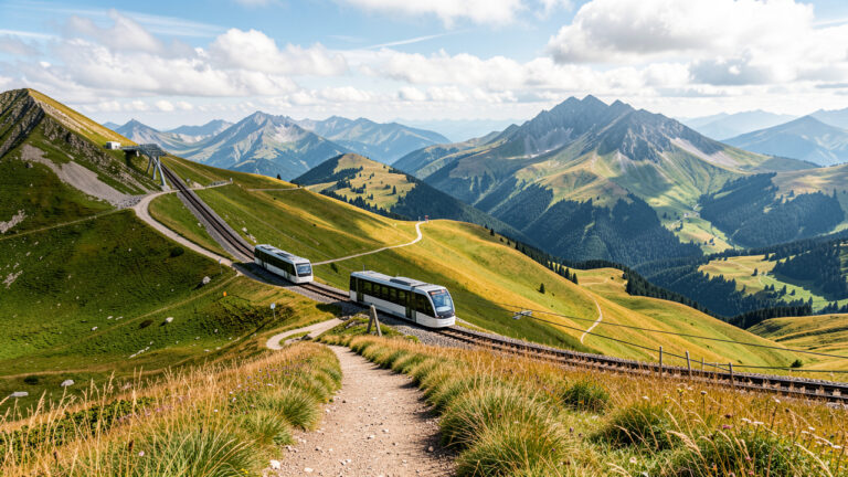 Funiculaire montant sur les pentes verdoyantes du puy de Sancy, avec les montagnes volcaniques et les vallées du Mont-Dore en arrière-plan.