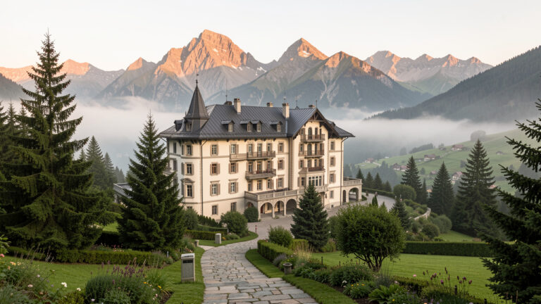 Vue d’un élégant hôtel historique entouré de jardins, de sapins et des sommets du massif du Sancy dans une douce lumière matinale.