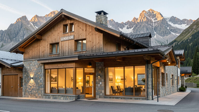 Hôtel de montagne élégant au Mont-Dore, avec un espace professionnel chaleureux et les sommets du Sancy en arrière-plan.