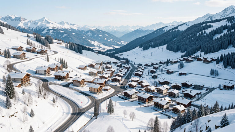 Vue panoramique du Mont-Dore montrant des hébergements alpins, les quartiers du village, les routes d’accès et les remontées mécaniques dans un paysage enneigé.