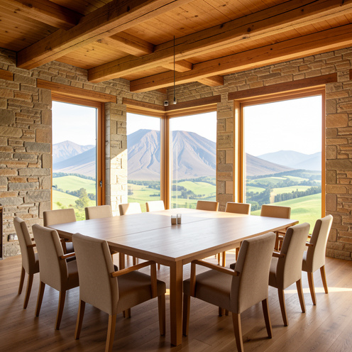 Salle de séminaire élégante dans un hôtel d’Auvergne, avec mobilier en bois, architecture en pierre et vue panoramique sur les volcans et les collines verdoyantes.