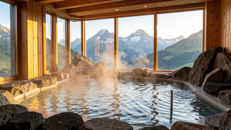 Hôtel spa paisible dans le Puy-de-Dôme avec piscine intérieure, matériaux naturels et vue panoramique sur le massif du Sancy.