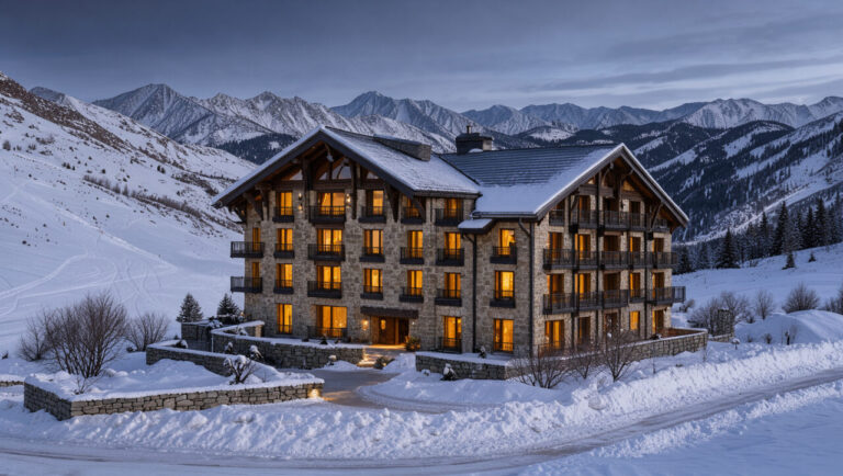 Hôtel cinq étoiles élégant dans un paysage enneigé d’Auvergne, entouré de pistes de ski et de sommets volcaniques au coucher du jour.