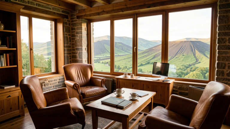 Salon élégant d’un hôtel de charme en Auvergne, avec un espace de travail accueillant et une vue sur les paysages volcaniques verdoyants.