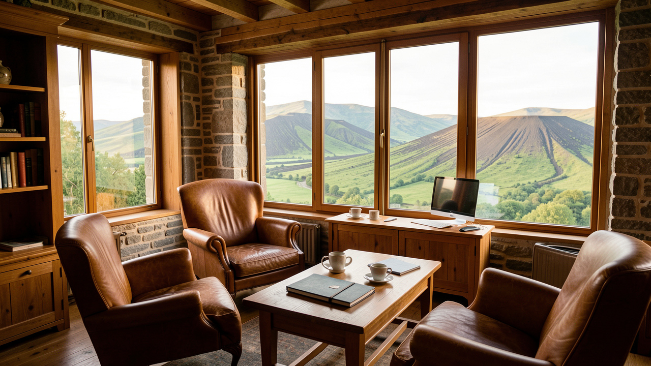 Salon élégant d’un hôtel de charme en Auvergne, avec un espace de travail accueillant et une vue sur les paysages volcaniques verdoyants.