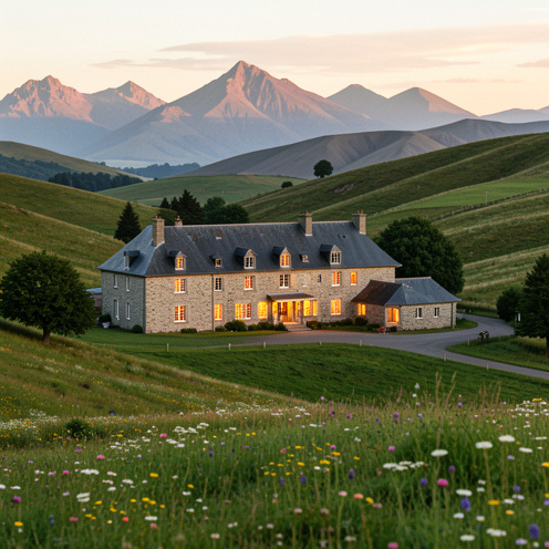 Hôtel de charme en pierre situé dans les paysages verdoyants et volcaniques du Puy-de-Dôme, au coucher du soleil.