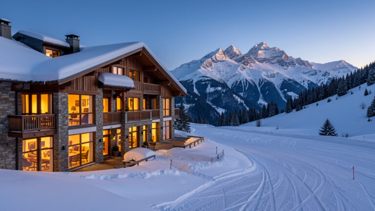 Hôtel de luxe en Auvergne entouré de neige, avec les pistes du Mont-Dore et le massif du Sancy en arrière-plan.