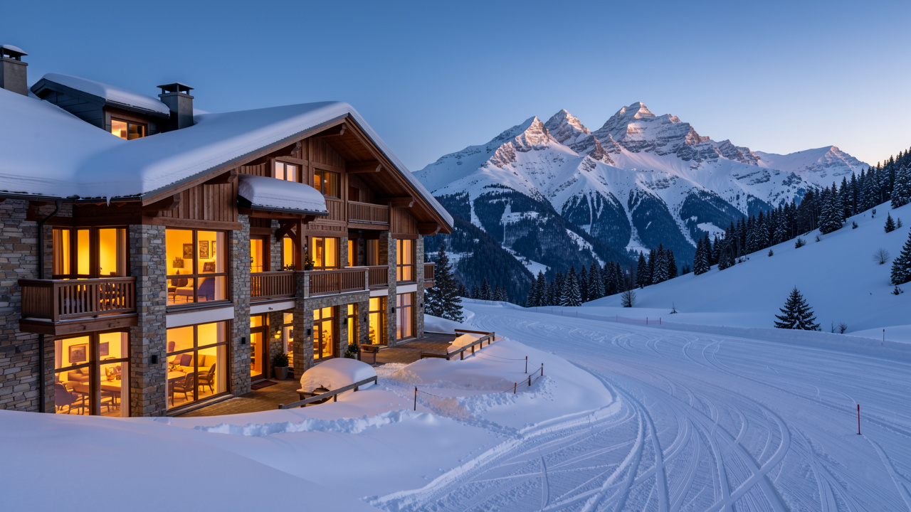 Hôtel de luxe en Auvergne entouré de neige, avec les pistes du Mont-Dore et le massif du Sancy en arrière-plan.