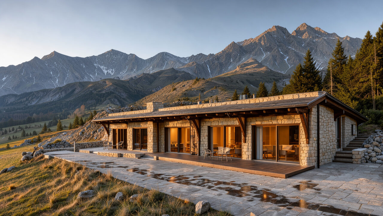 Hôtel de luxe en pierre et bois dans le paysage montagneux du Mont-Dore, avec le massif du Sancy éclairé par la lumière matinale.