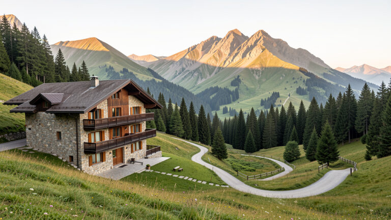 Hôtel de montagne en pierre et bois installé entre Mont-Dore et le massif du Sancy, avec une vue sur les sommets volcaniques et les prairies alpines.