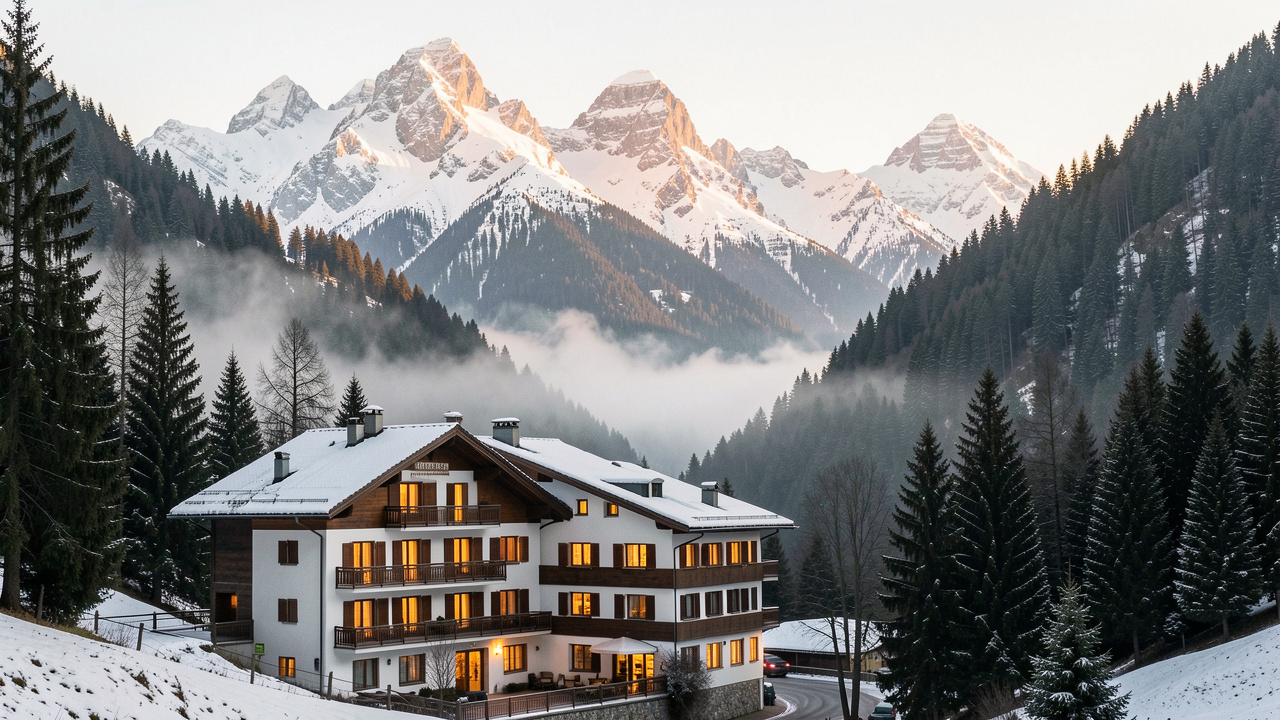 Hôtel alpin chaleureux entouré de forêts et de sommets enneigés dans le massif du Sancy, baigné par la lumière dorée du matin.