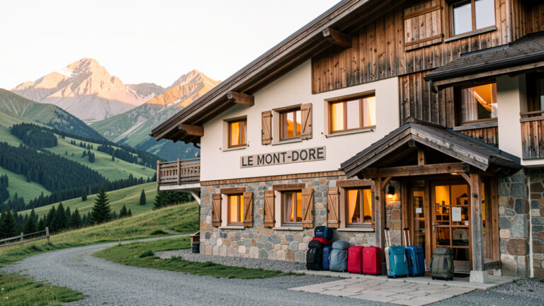 Hôtel chaleureux du Mont-Dore entouré de montagnes volcaniques d’Auvergne, avec des bagages préparés devant l’entrée au coucher du soleil.