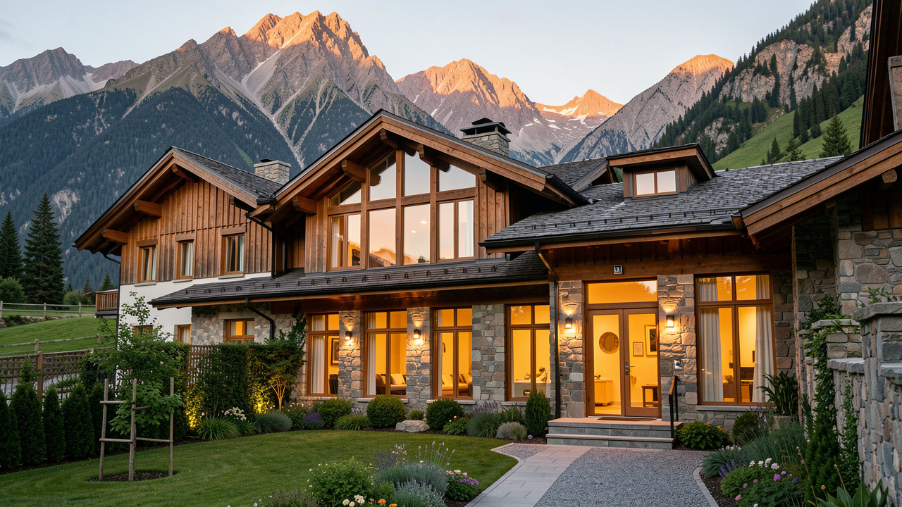 Hôtel élégant au cœur d’une station de montagne, avec une ambiance bien-être, un spa discret, des jardins alpins et les reliefs volcaniques en arrière-plan.