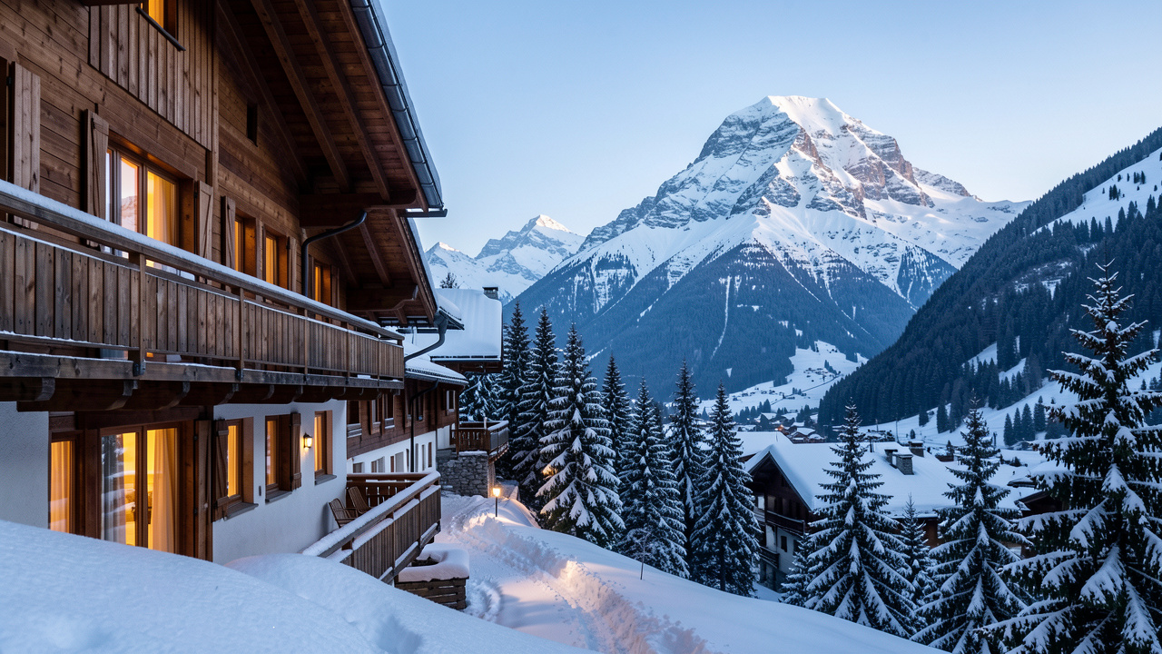 Hôtel alpin chaleureux recouvert de neige, entouré de sapins et de montagnes près du Mont-Dore.