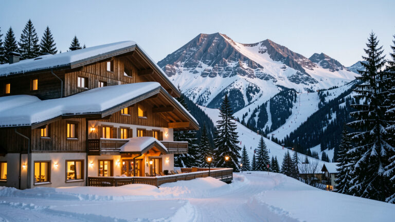 Hôtel alpin chaleureux au Mont-Dore, situé au pied de pistes enneigées, entouré de sapins et de montagnes volcaniques sous une lumière hivernale douce.