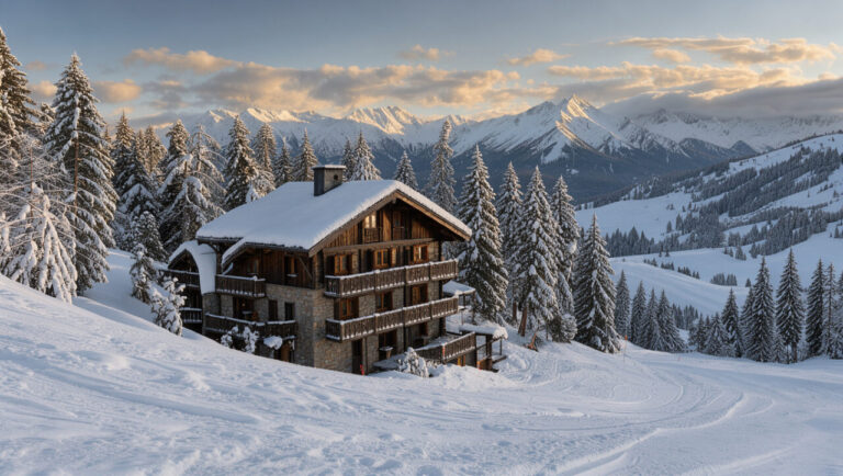 Hôtel alpin entouré de neige, de sapins et de montagnes volcaniques dans le massif du Sancy.
