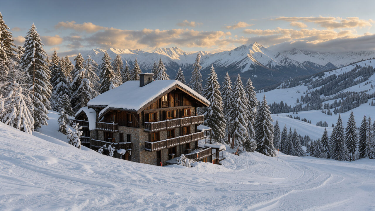 Hôtel alpin entouré de neige, de sapins et de montagnes volcaniques dans le massif du Sancy.