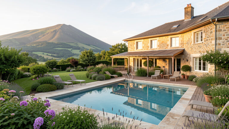 Hôtel élégant avec piscine extérieure, jardins verdoyants et paysages volcaniques du Puy-de-Dôme, dans une atmosphère calme et ressourçante.