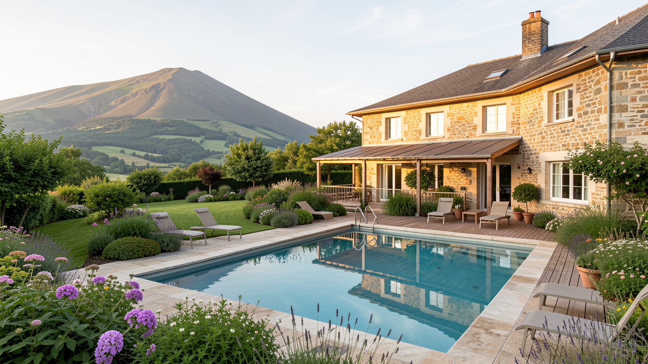 Hôtel élégant avec piscine extérieure, jardins verdoyants et paysages volcaniques du Puy-de-Dôme, dans une atmosphère calme et ressourçante.