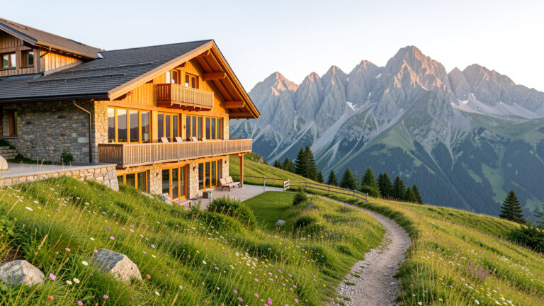 Hôtel de montagne entouré de prairies fleuries, avec une vue panoramique sur les sommets du massif du Sancy.