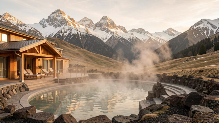 Hôtel spa élégant installé dans un paysage volcanique d’Auvergne, avec une piscine chaude, des terrasses en pierre et les sommets enneigés du massif du Sancy.