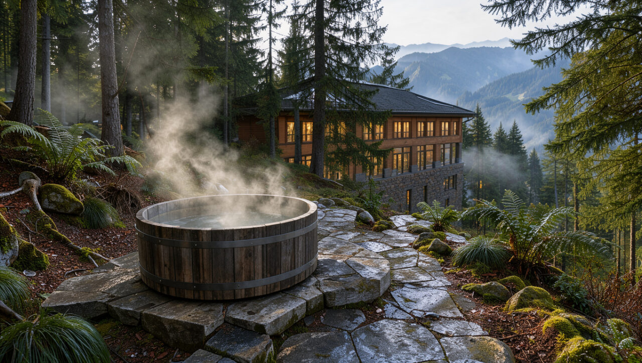 Hôtel spa luxueux niché au cœur des sapins de la Forêt-Noire, avec un bain nordique extérieur fumant et un paysage montagneux brumeux.