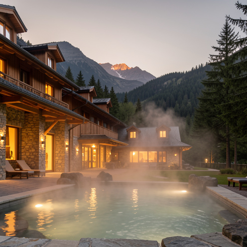 Hôtel élégant avec spa et piscine thermale extérieure, entouré de paysages volcaniques et de forêts de pins à La Bourboule.