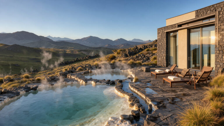 Hôtel spa paisible installé dans les paysages volcaniques du Massif central, avec des bassins d’eau chaude, une terrasse en pierre et des montagnes sous la lumière dorée du matin.