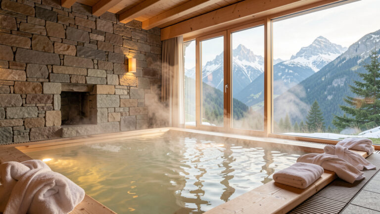 Hôtel spa élégant au Mont-Dore avec piscine intérieure, matériaux naturels et vue panoramique sur les montagnes du Sancy.