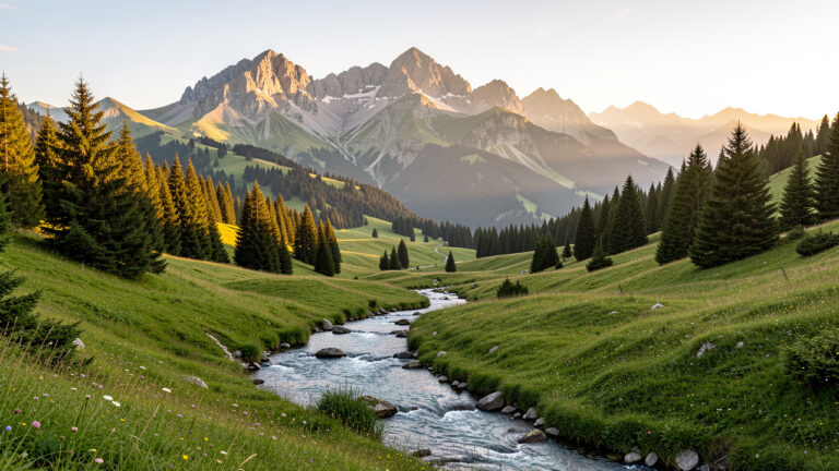 Paysage du Mont-Dore en Auvergne avec les sommets volcaniques du massif du Sancy, des prairies alpines, une forêt et un ruisseau sous la lumière dorée.