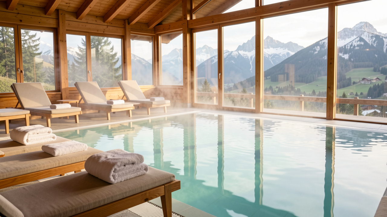 Piscine intérieure paisible au Mont-Dore avec vue panoramique sur les montagnes du Sancy, dans une atmosphère chaleureuse et relaxante.