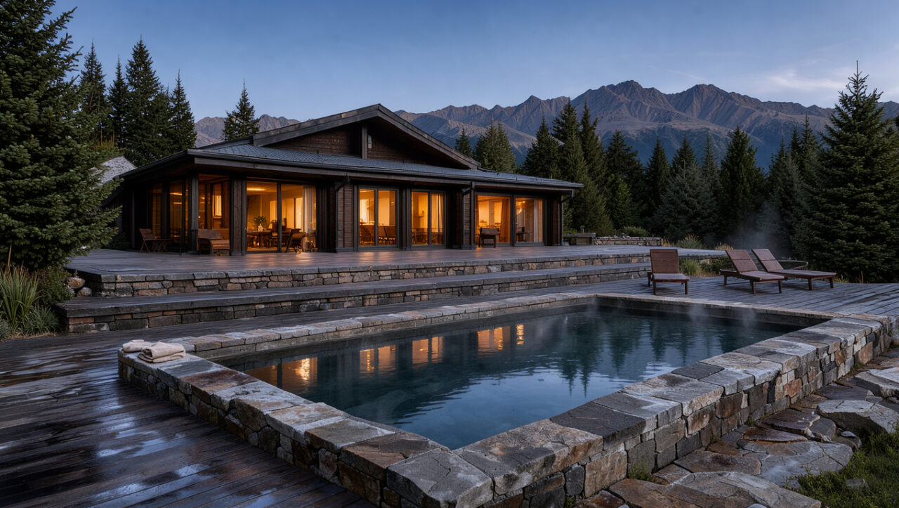Hébergement élégant avec piscine spa extérieure fumante, terrasse en bois et vue sur les montagnes du Sancy au crépuscule.