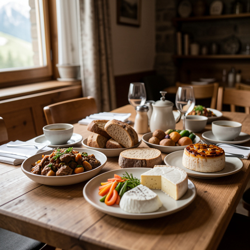 Table dressée dans un restaurant du Mont-Dore avec des plats régionaux, du fromage local, du pain rustique, des légumes de saison et un dessert chaleureux.