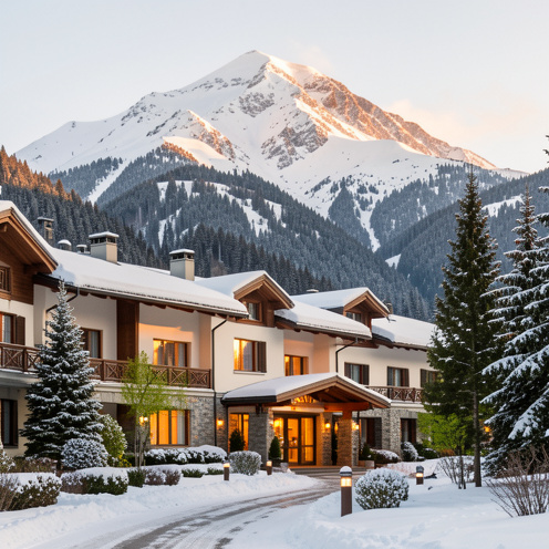 Hôtel alpin élégant au Mont-Dore, entouré de montagnes enneigées et de sapins, avec une ambiance évoquant les différentes saisons.