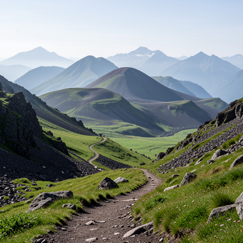 Sentier de randonnée traversant les paysages volcaniques verdoyants du Mont-Dore, avec les sommets du massif du Sancy et des vallées brumeuses en arrière-plan.