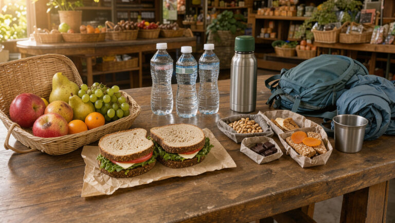 Préparatifs de ravitaillement pour une journée de plein air dans les montagnes du Sancy, avec fruits, sandwiches, eau, thermos et sac à dos.