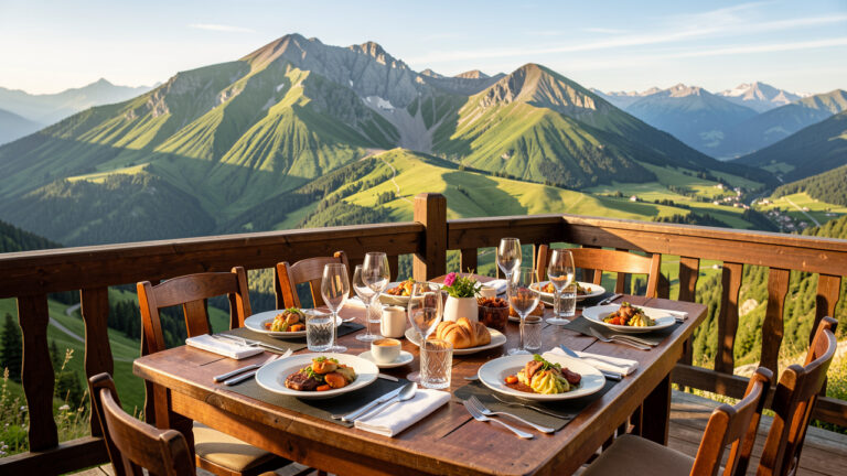 Terrasse d’un restaurant de montagne au Mont-Dore, avec une table gourmande et une vue panoramique sur les paysages volcaniques verdoyants.