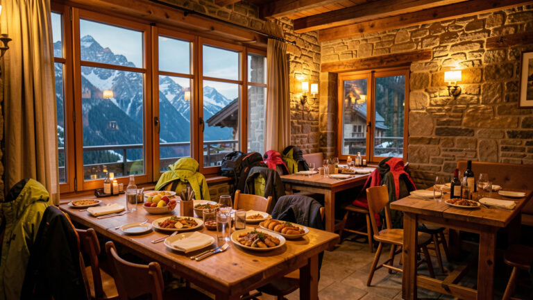 Restaurant chaleureux du centre-ville du Mont-Dore, avec une salle rustique éclairée le soir et une vue subtile sur les paysages alpins.