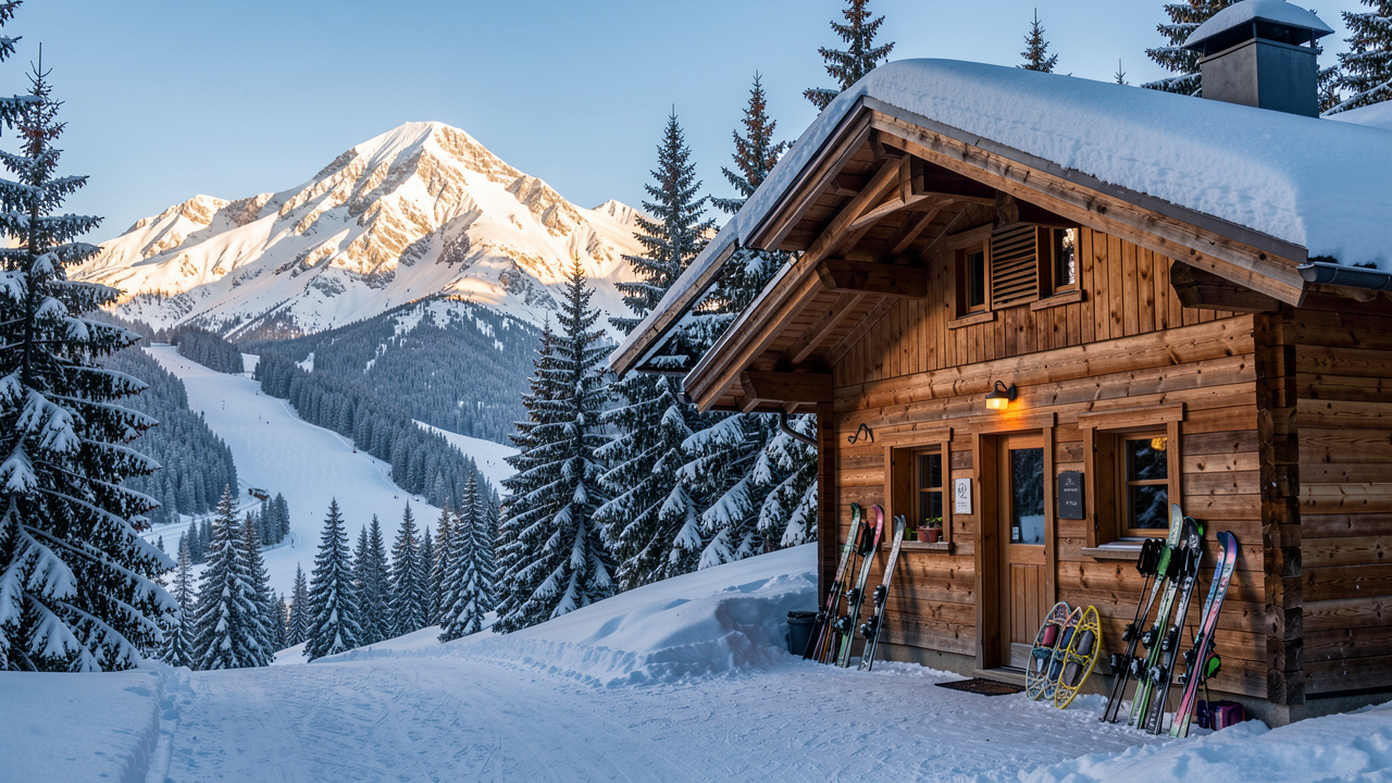 Chalet en bois au Mont d’Or, entouré de sapins enneigés, de pistes de ski et des paysages volcaniques du massif du Sancy.