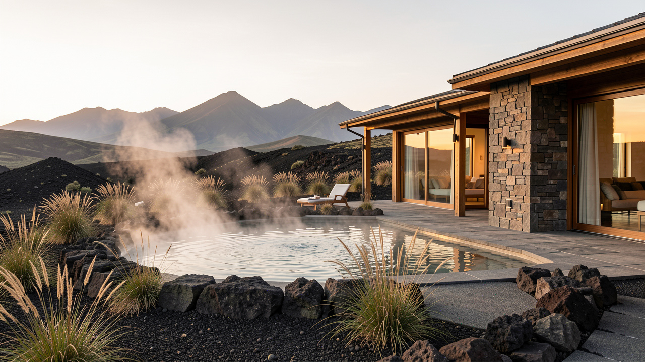 Retraite bien-être élégante au Mont-Dore, avec un spa extérieur entouré de roches volcaniques, de végétation naturelle et de montagnes au coucher du soleil.