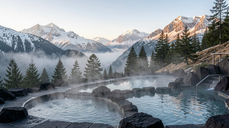 Vue panoramique d’un spa thermal paisible entouré de pins, de brume et de montagnes enneigées du massif du Sancy.